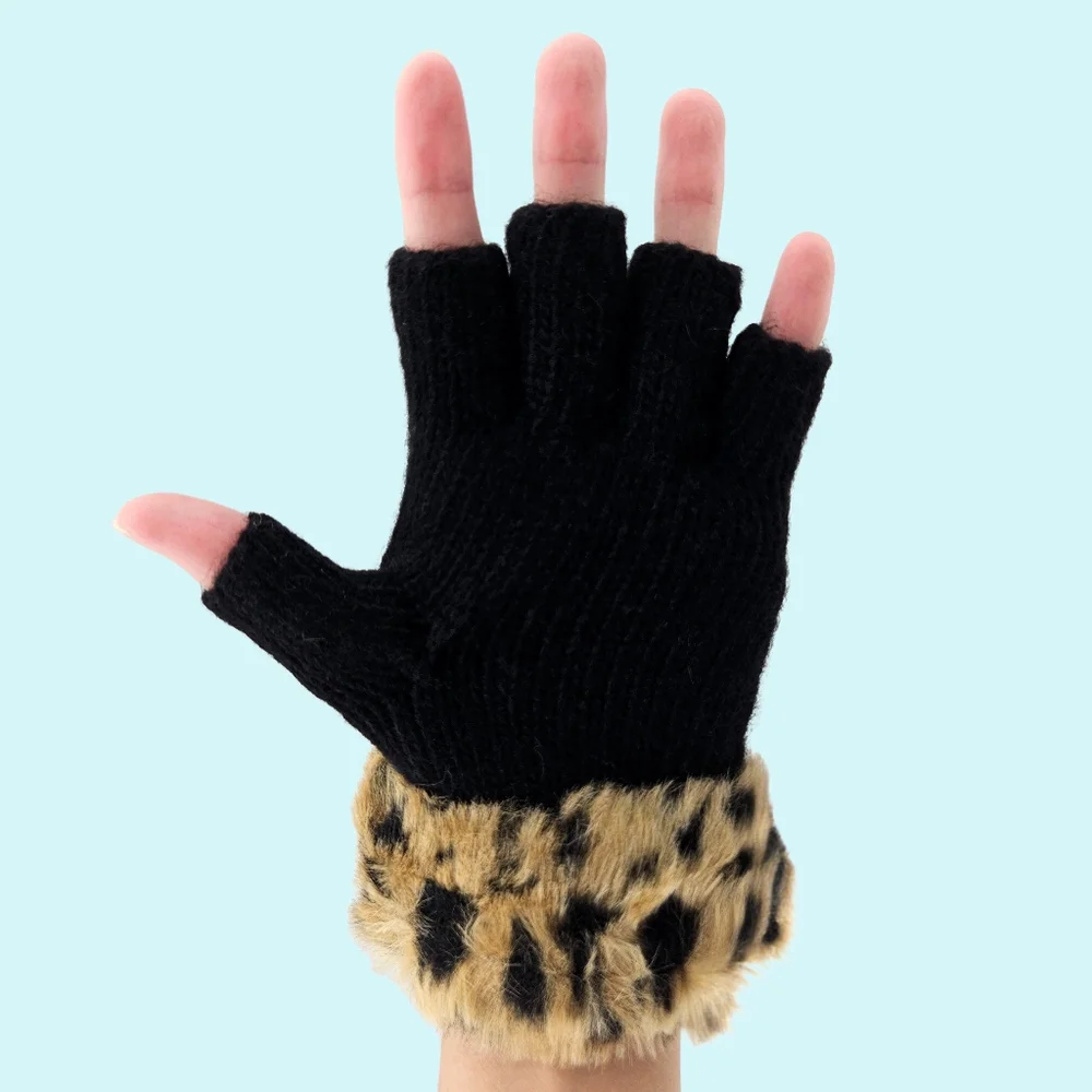Adrienne Landau Gloves Black Leopard Fingerless Convertible Wool Blend Faux Fur